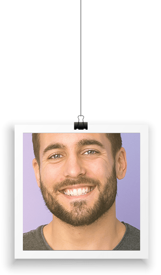 smiling man in a polaroid-like frame (white border)